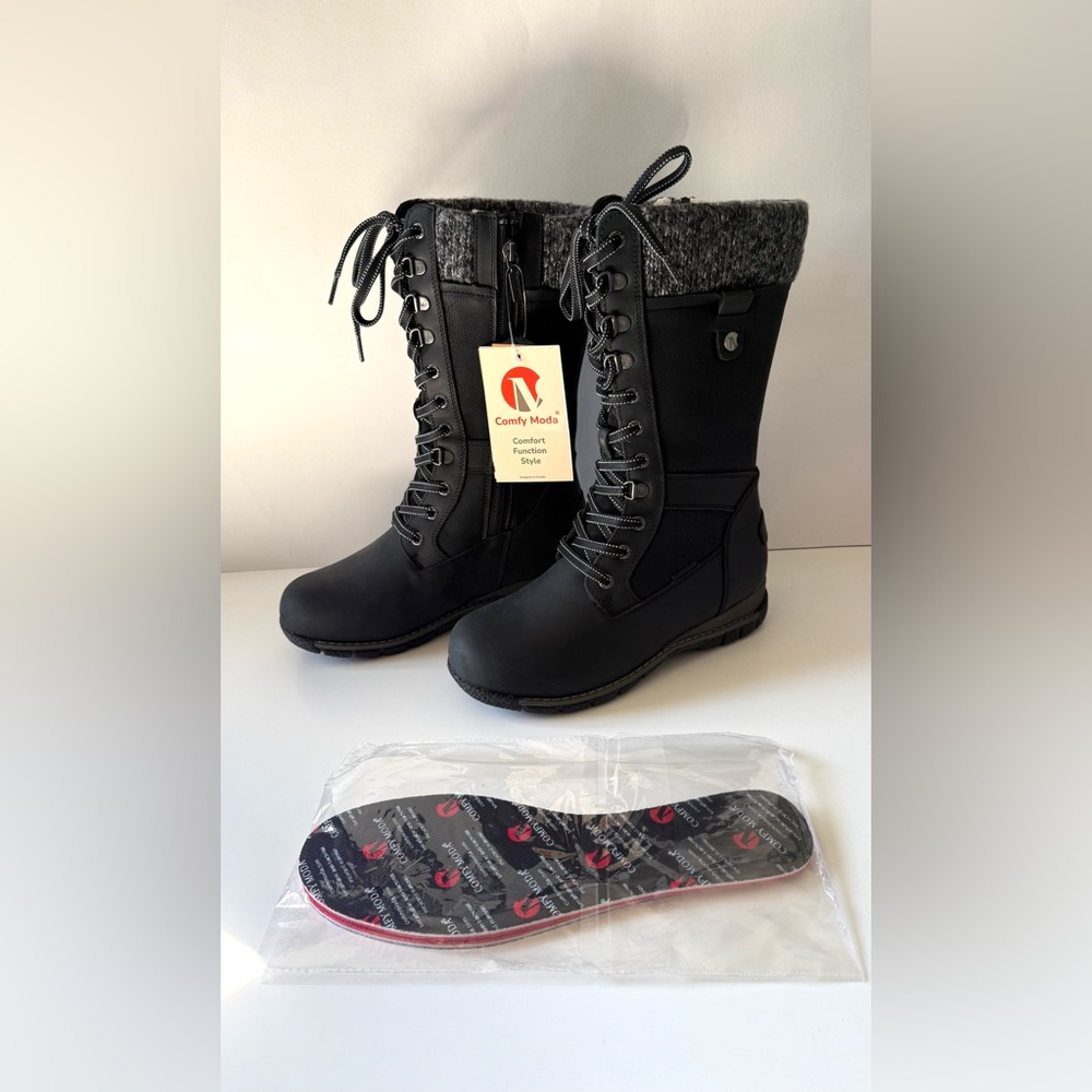 Comfy Moda Women's Waterproof Leather Wool Lined Winter Snow Boots Black Size 7